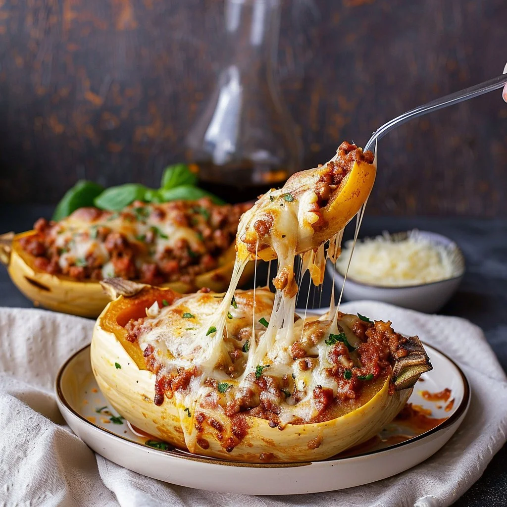Cheesy Spaghetti Squash Bolognese Boats