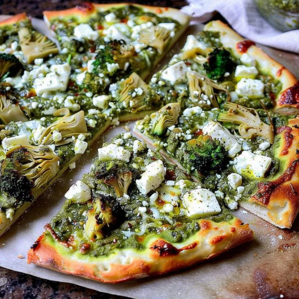 Green Pesto Pizza with Feta, Artichokes, and Broccoli