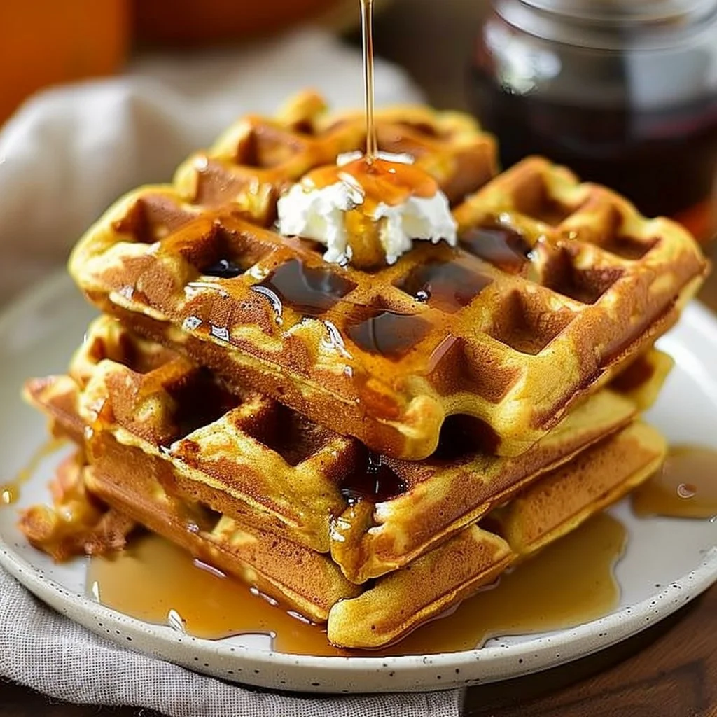 Pumpkin Spice Belgian Waffles with Maple Drizzle