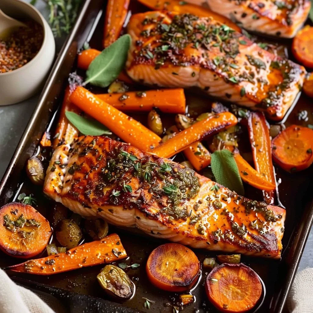 Sheet-Pan Salmon with Herb Butter and Roasted Carrots
