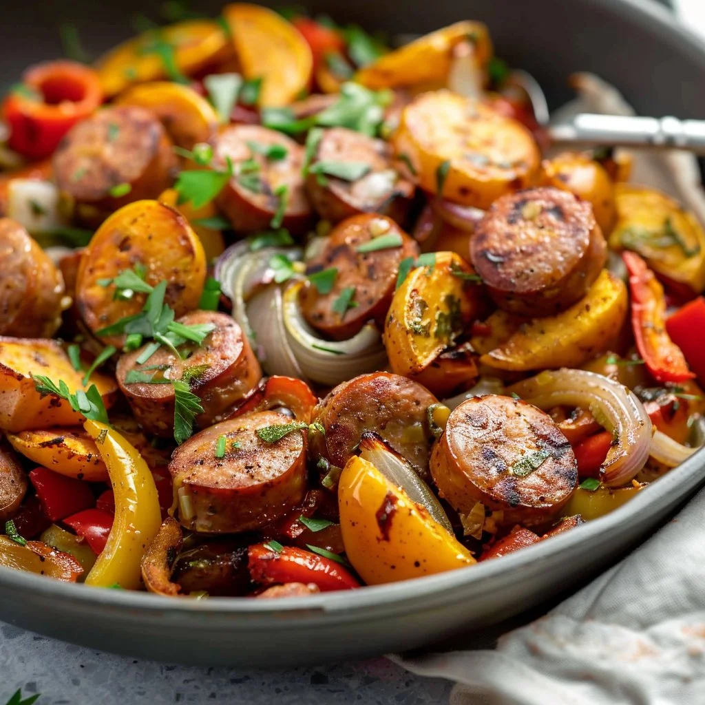 Sheet Pan Sausage with Peppers, Onions, and Sweet Potatoes