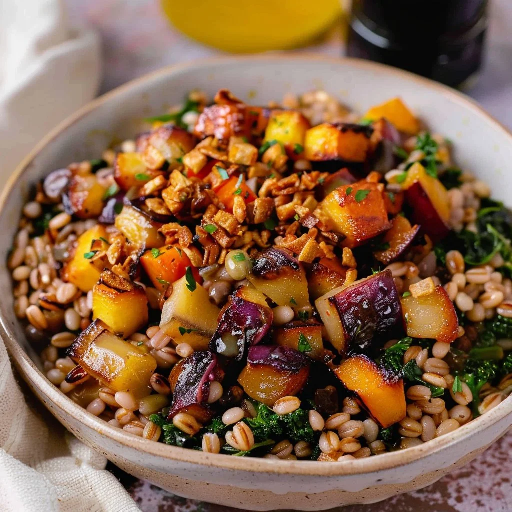 Fall Farro Bowl with Roasted Vegetables and Crispy Cheese