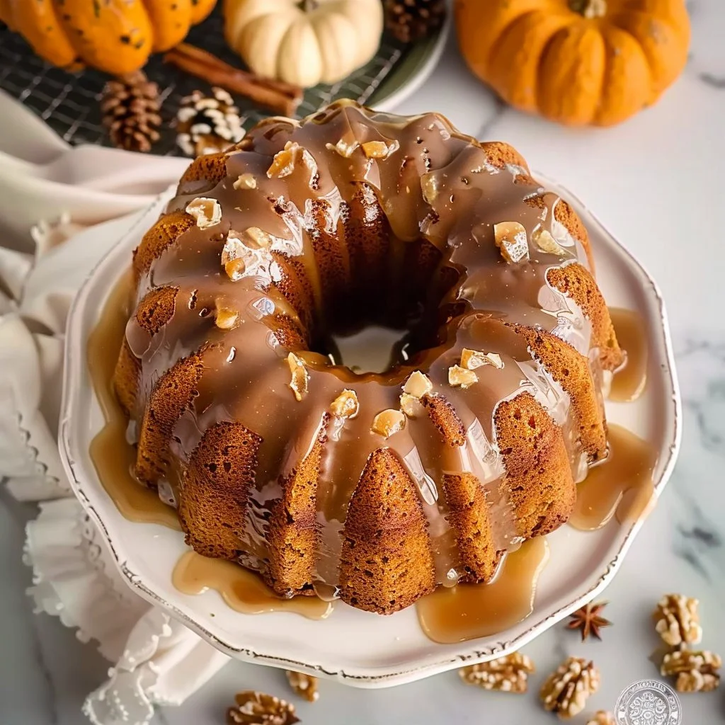 Moist Spiced Pumpkin Bundt Cake with Salted Caramel