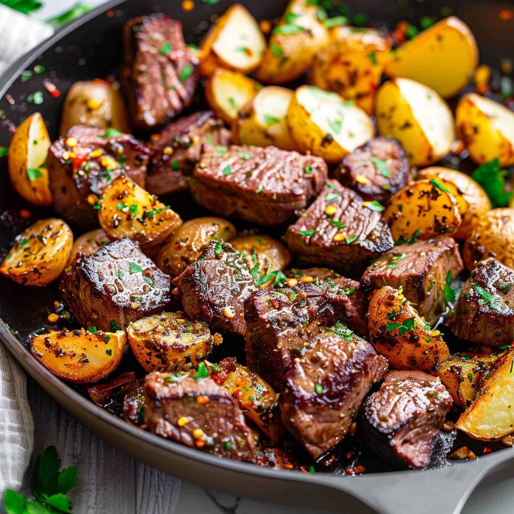 One-Pan Garlic Herb Butter Steak Bites with Potatoes