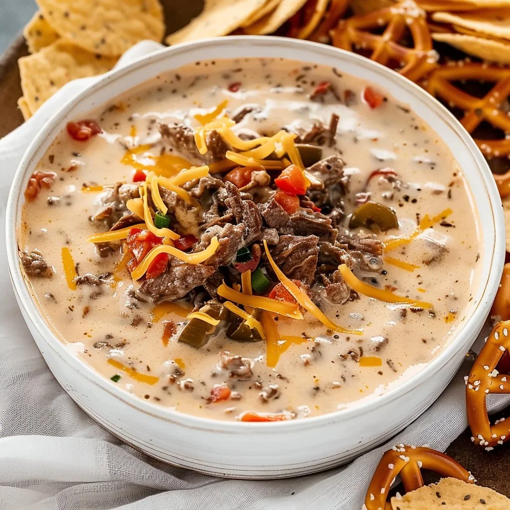 Philly Cheesesteak Queso Dip with Pretzels
