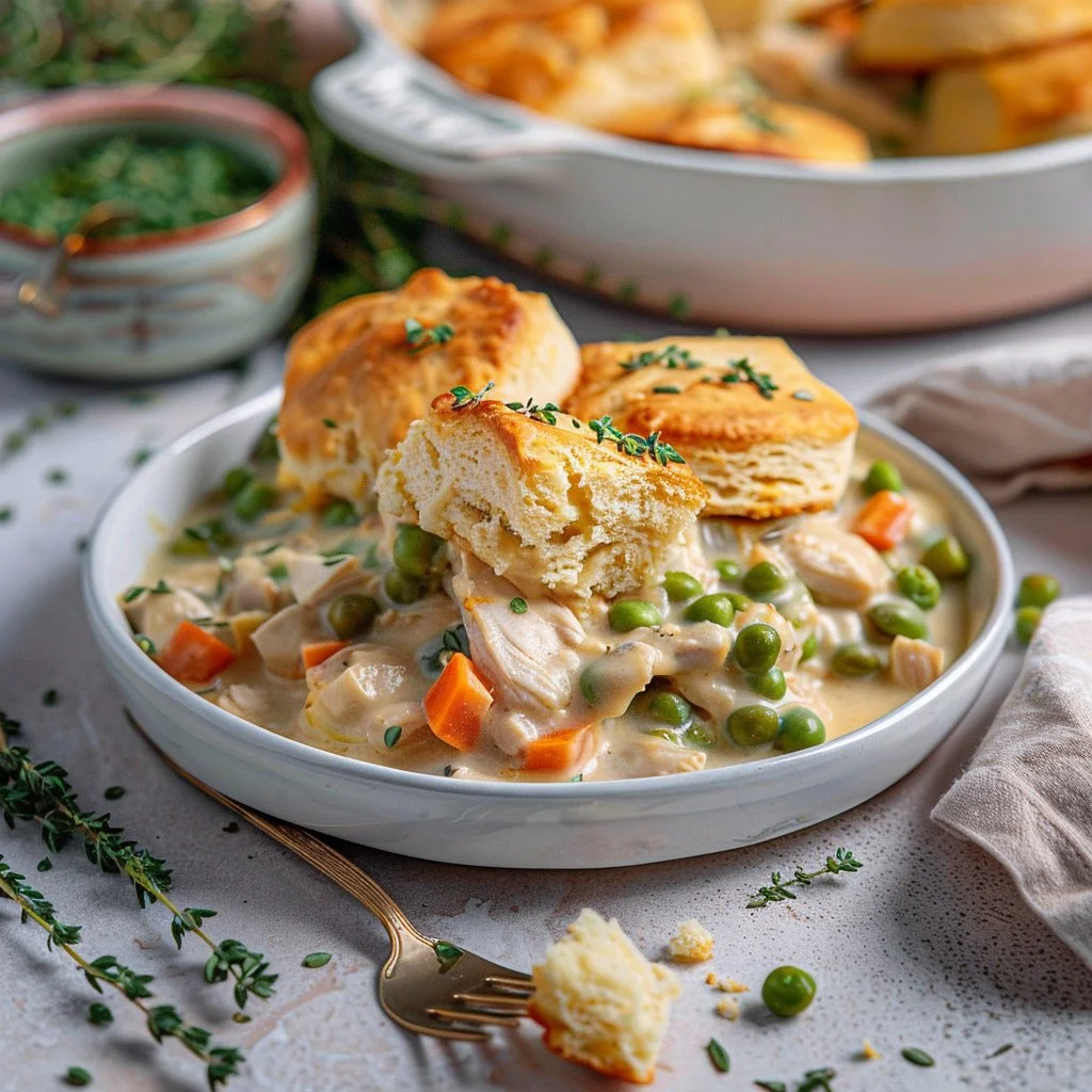 Turkey Pot Pie Casserole with Flaky Buttermilk Biscuits